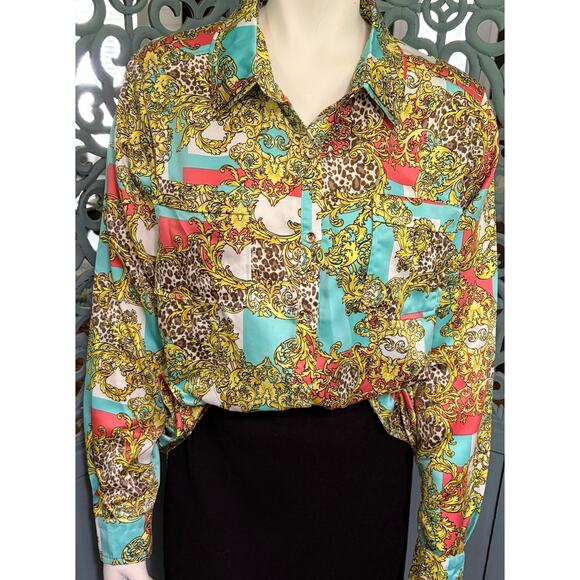 DEMOCRACY Button Front Blouse-Top-Graphic Print-Silky-Cheetah-Long Sleeve-Size L - Picture 6 of 8